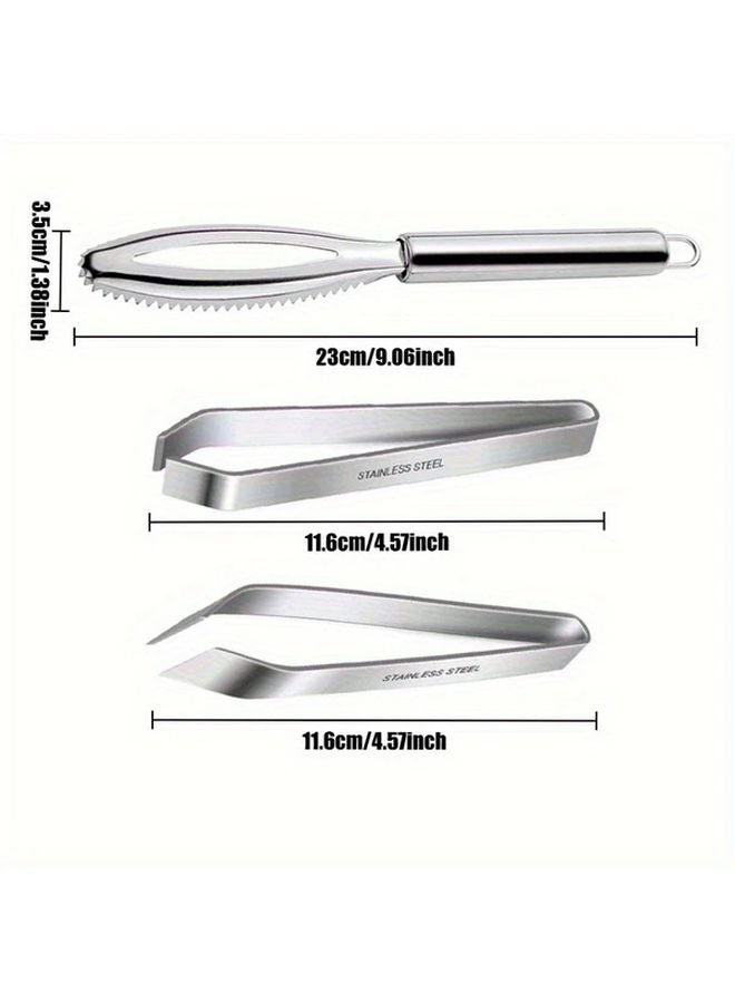 3 Piece Stainless Steel Fish Scaler Set With Tweezers And Serrated Edge - Image 3